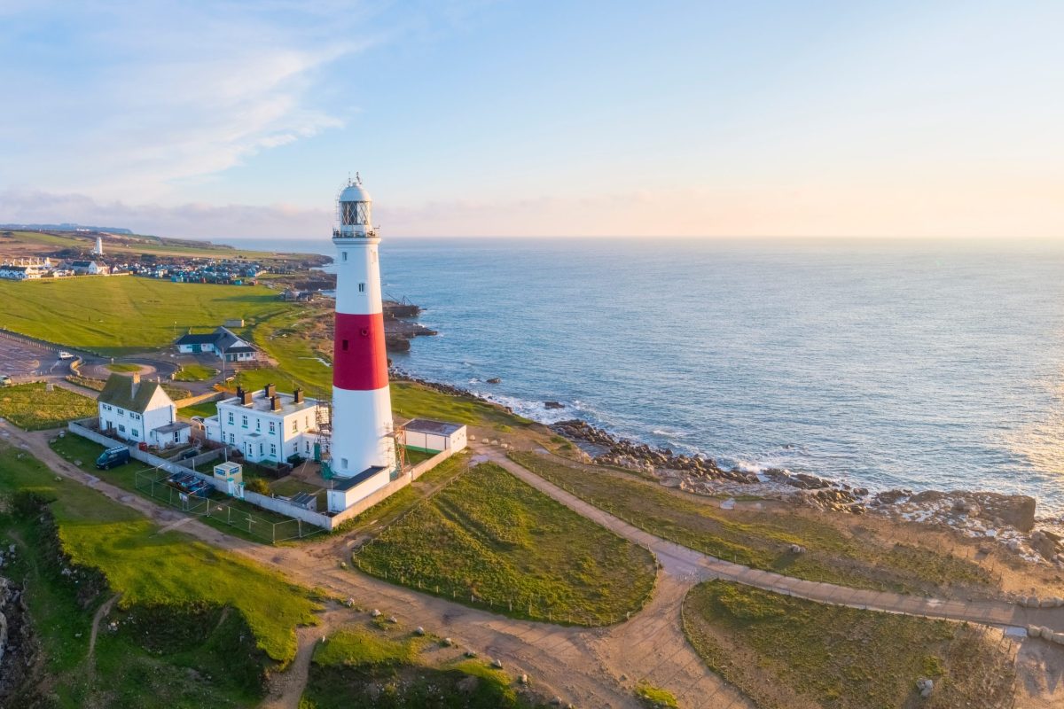 Aerial view of Portland Bill Lighthouse