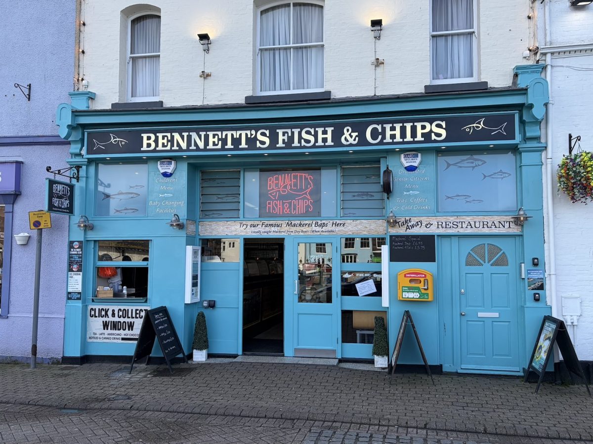 Exterior shot of the award winning Bennetts Fish and Chips takeaway in Weymouth Harbour