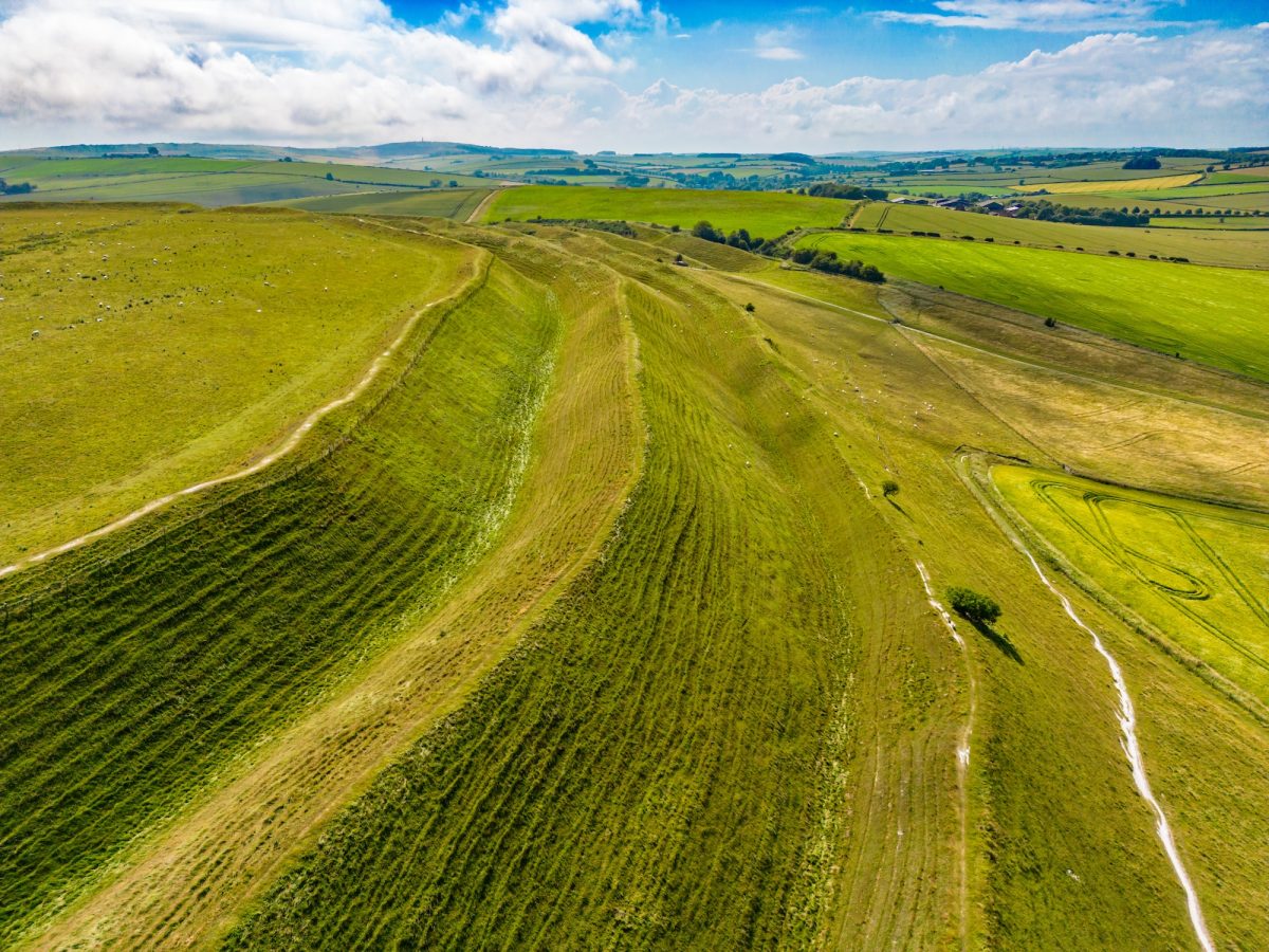 Aerial view of Maiden Iron Age Hill Fort in Dorset, near Silverlake Estate