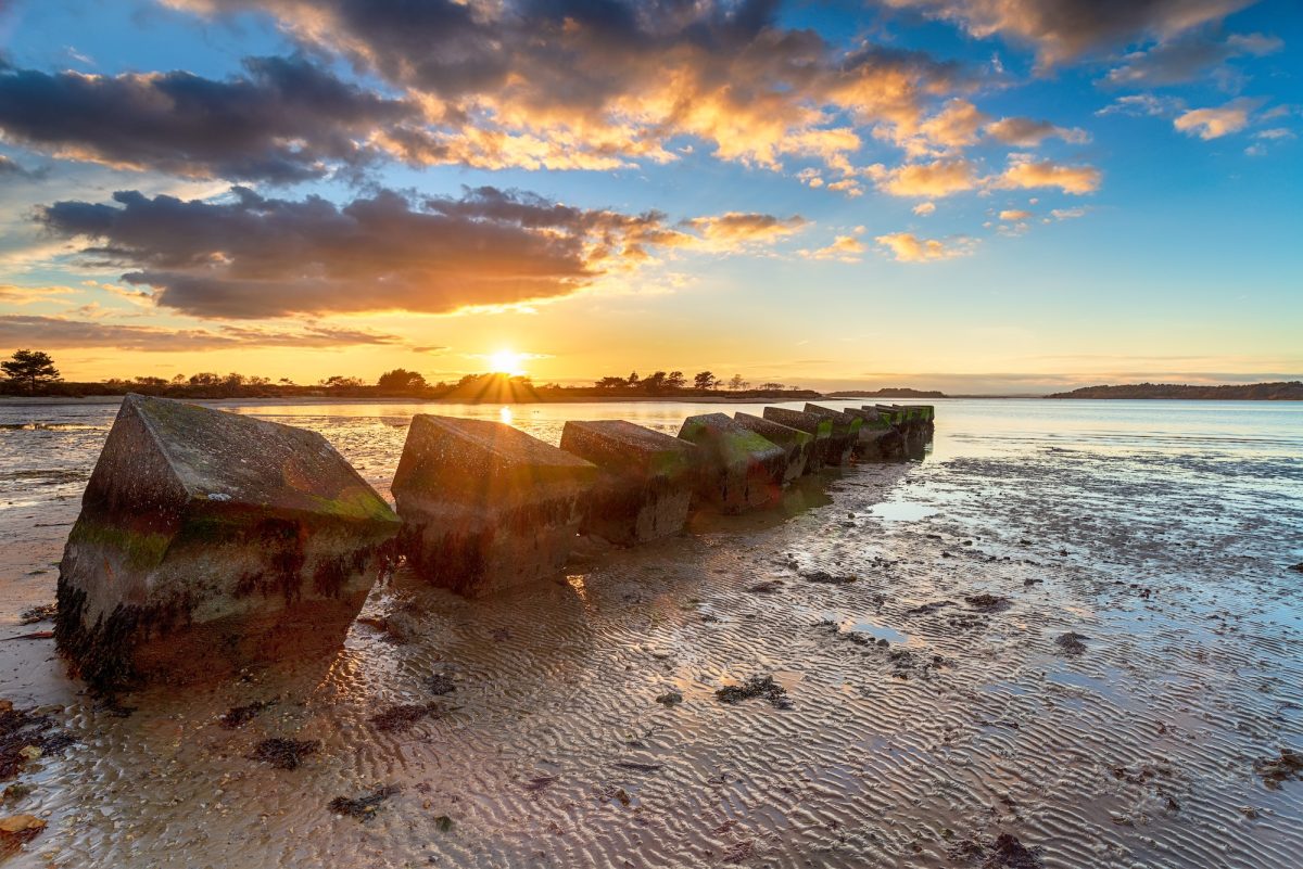 The World War Two Dragons Teeth, WWII tank traps in Bramble Bush Bay at Studland on Isle of Purbeck, Dorset