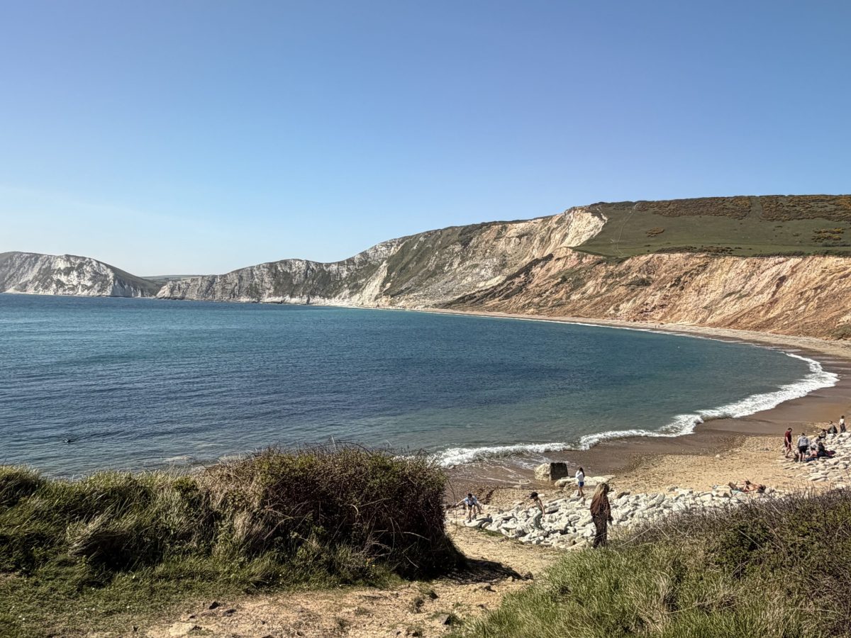 Worbarrow Bay on the Jurassic Coast Dorset with chalk cliffs and open coastline