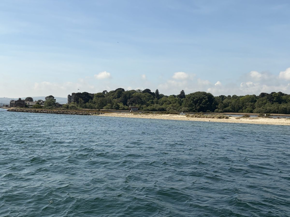 Ferry approaching Brownsea Island across Poole Harbour in Dorset
