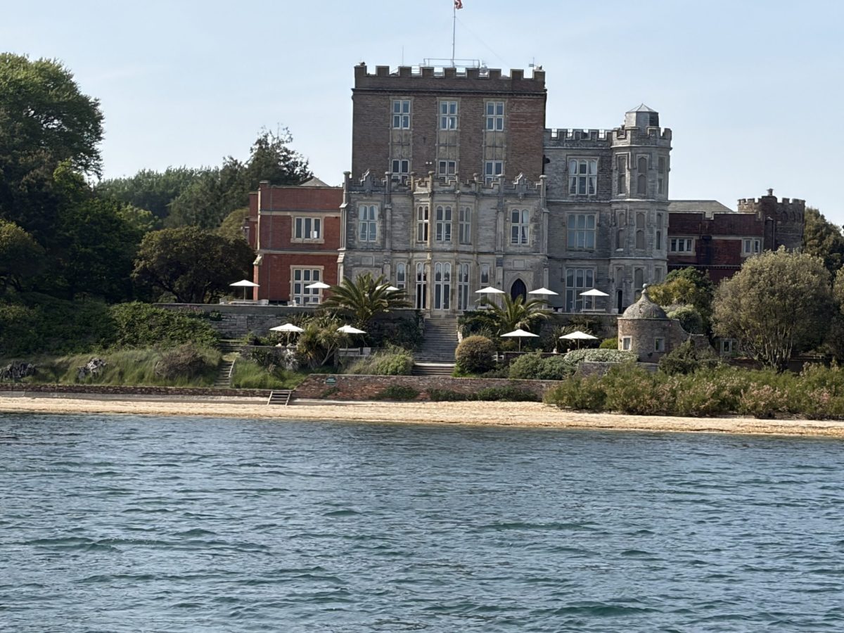 View of Brownsea Castle on Brownsea Island from the waters of Poole Harbour, Dorset.