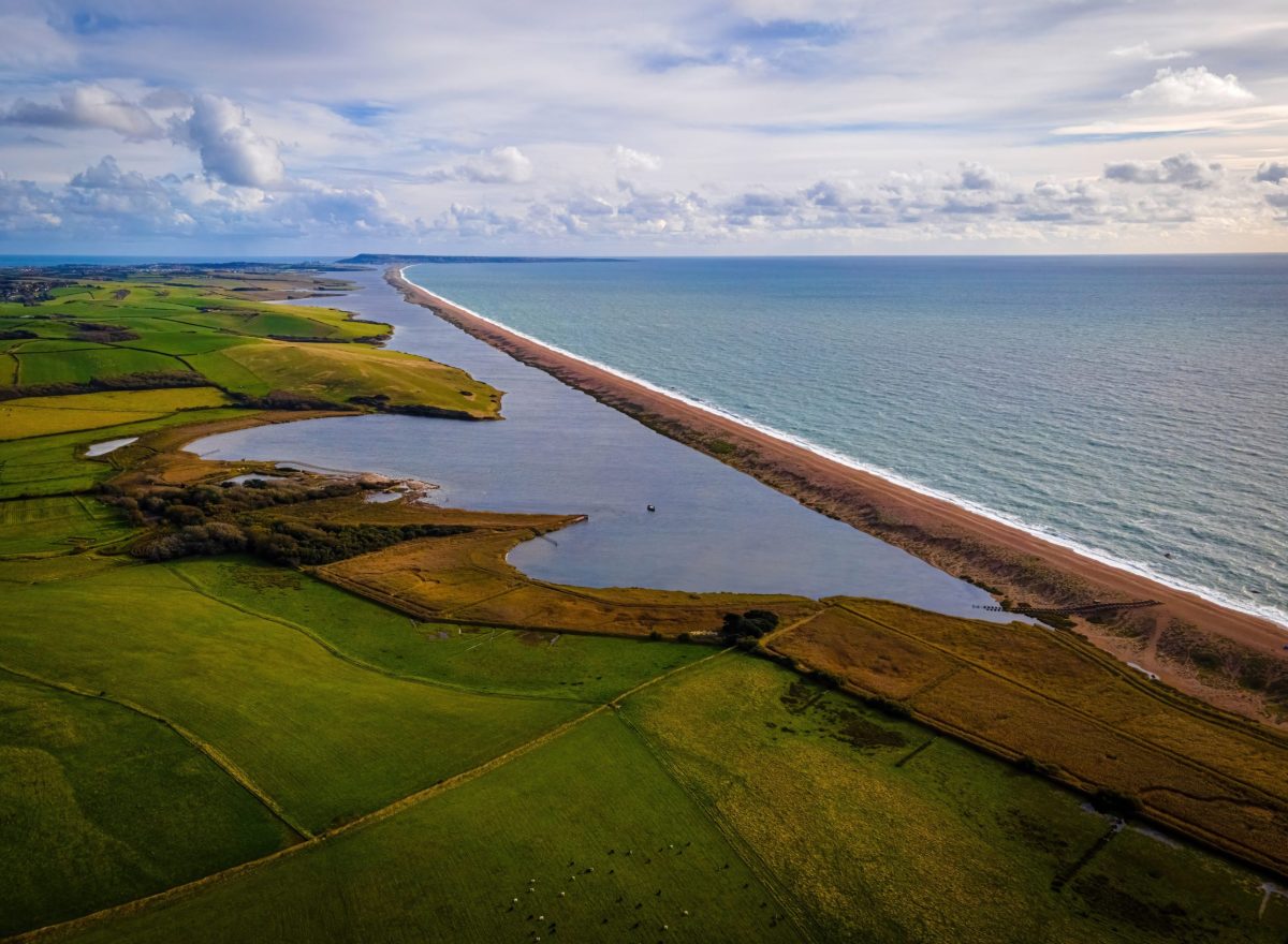 Aerial view of Chesil Beach and the Fleet Lagoon near Abbotsbury in Dorset