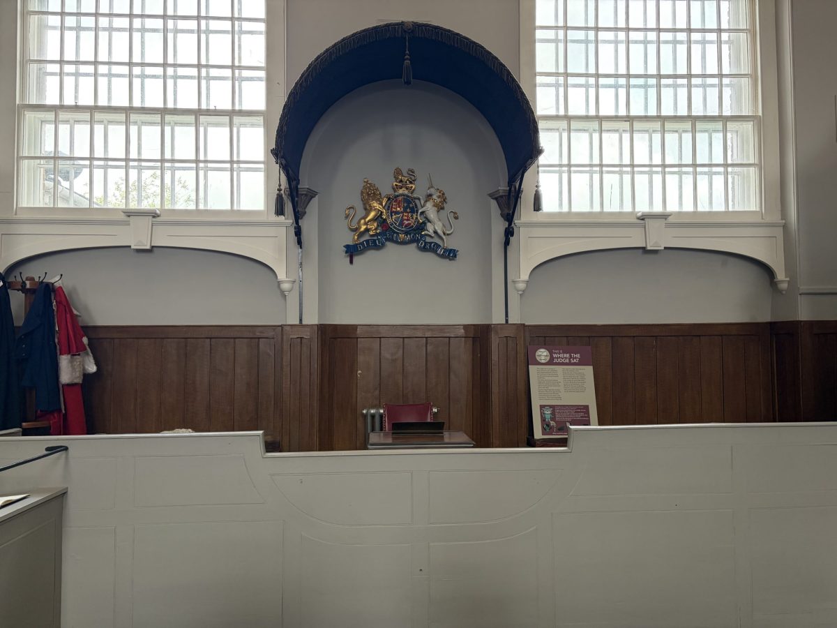 Historic courtroom at Shire Hall Museum in Dorchester, Dorset.