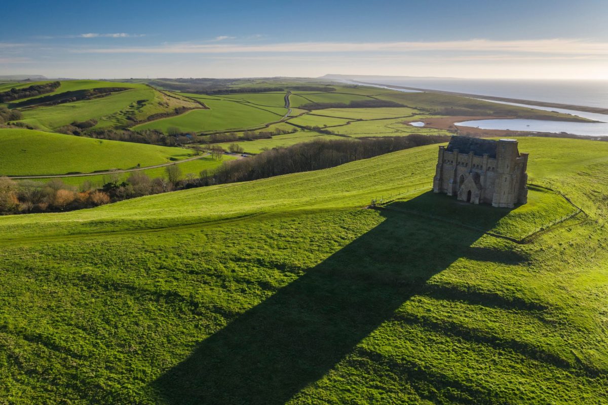 Aerial view from St Catherine's Chapel across Chesil Beach, the Fleet Lagoon and the Dorset countryside near Abbotsbury