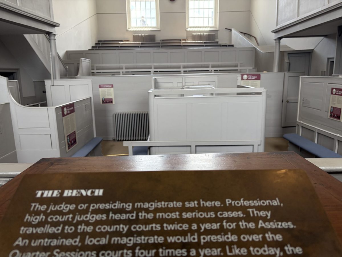 View from the judge's bench across the historic courtroom at Shire Hall Museum in Dorchester