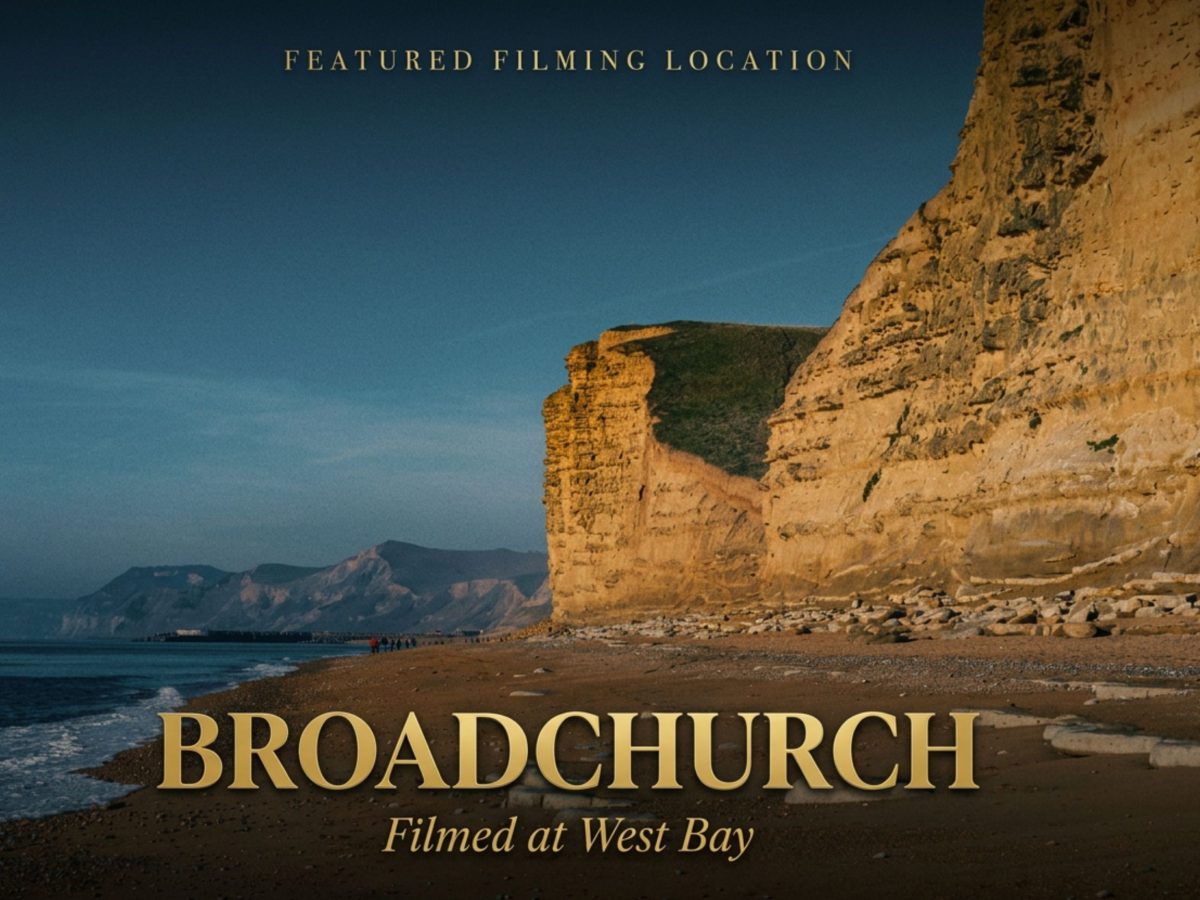 Movie-style poster for Broadchurch featuring West Bay on Dorset's Jurassic Coast.