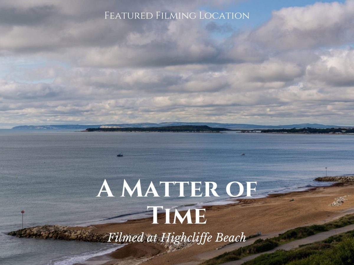 Movie-style poster featuring A Matter of Time at Highcliffe Beach, Dorset.
