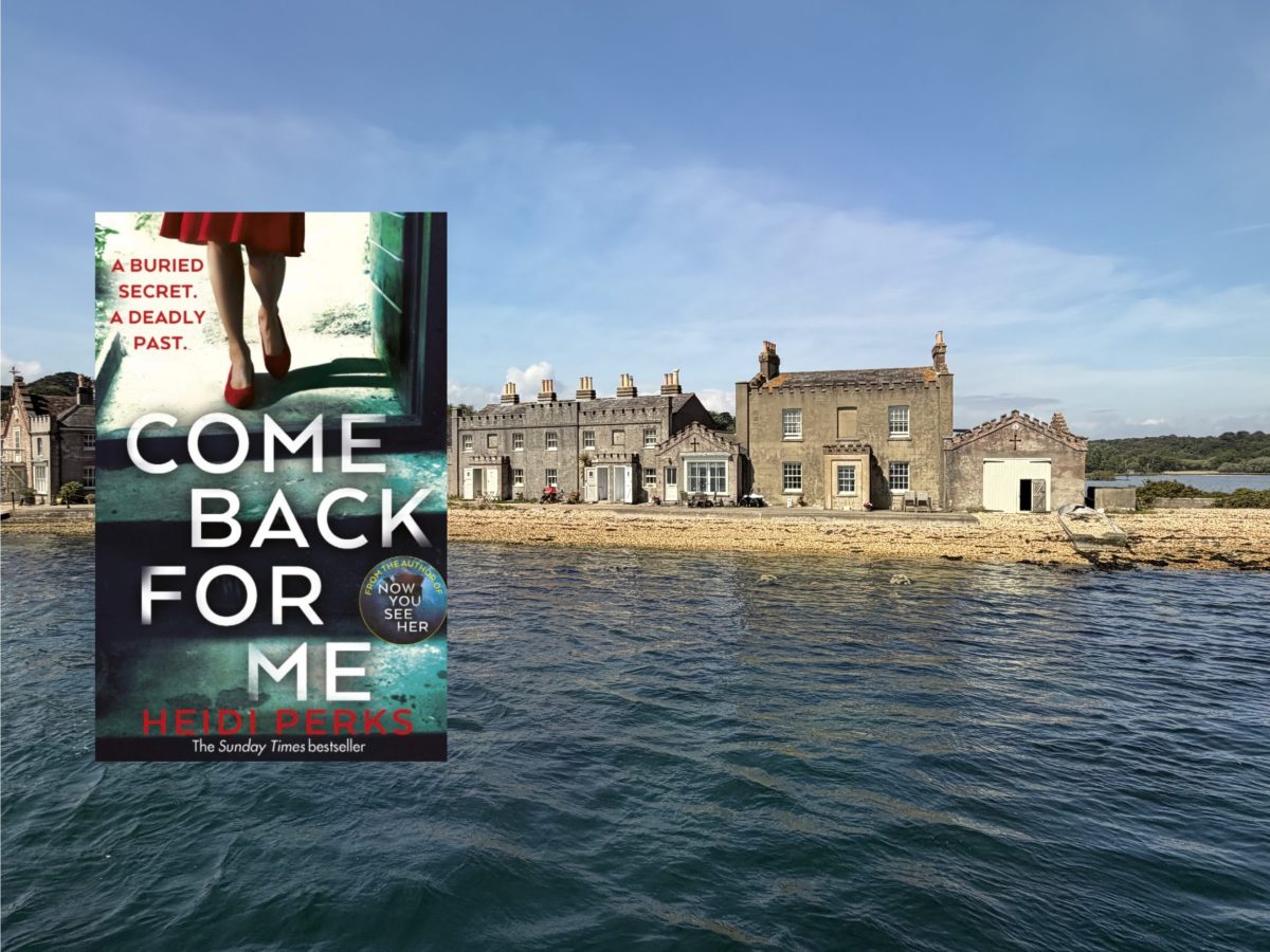View of Brownsea Island with the cover of Heidi Perks' novel Come Back for Me, inspired by the Dorset Island.