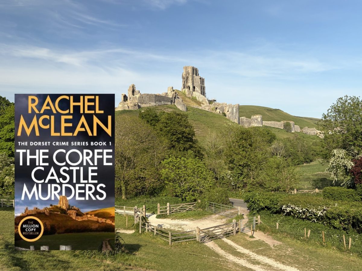 andscape view of Corfe Castle with the cover of Rachel McLean's novel Corfe Castle Murders.