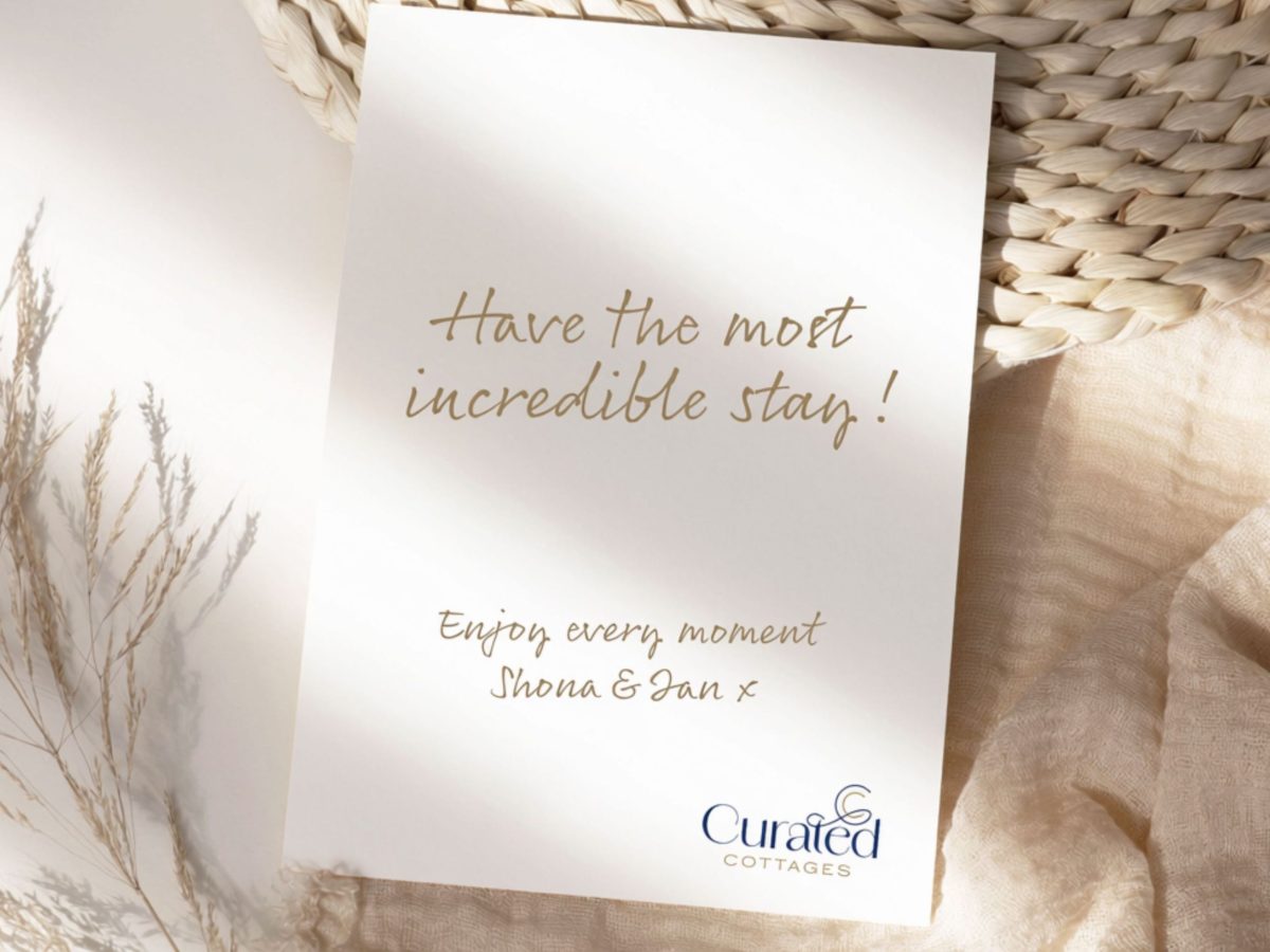 Personal welcome card from Ian and Shona inside a Curated Cottages holiday cottage in Dorset