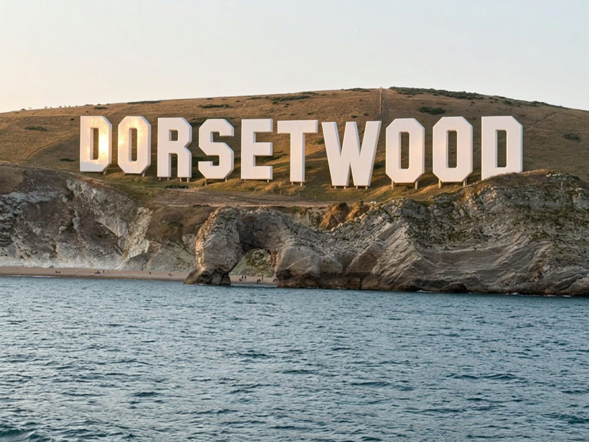 Illustration of a Hollywood-style DORSETWOOD sign overlooking Durdle Door on Dorset's Jurassic Coast.