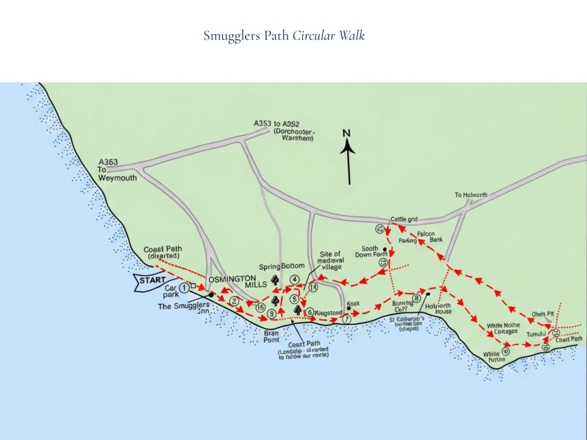 Illustrated route guide showing the circular walk from Osmington to White Nothe and back along the Jurassic Coast.