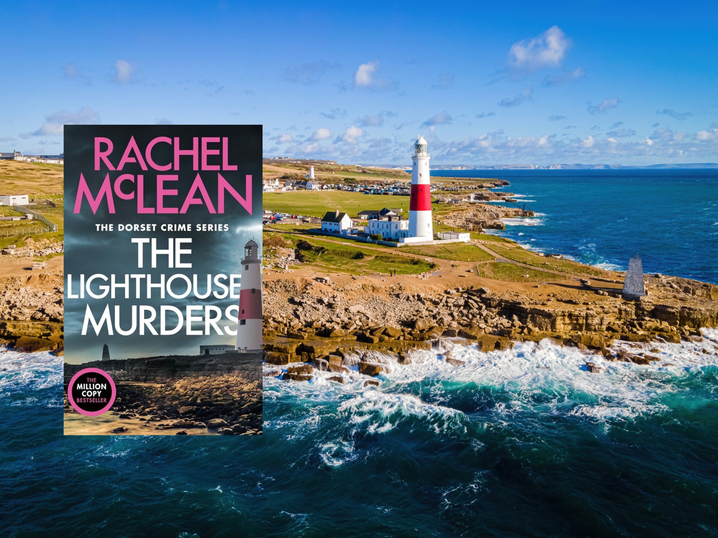 Aerial view of Portland Bill Lighthouse with the cover of Rachel McLean's novel The Lighthouse Murders.