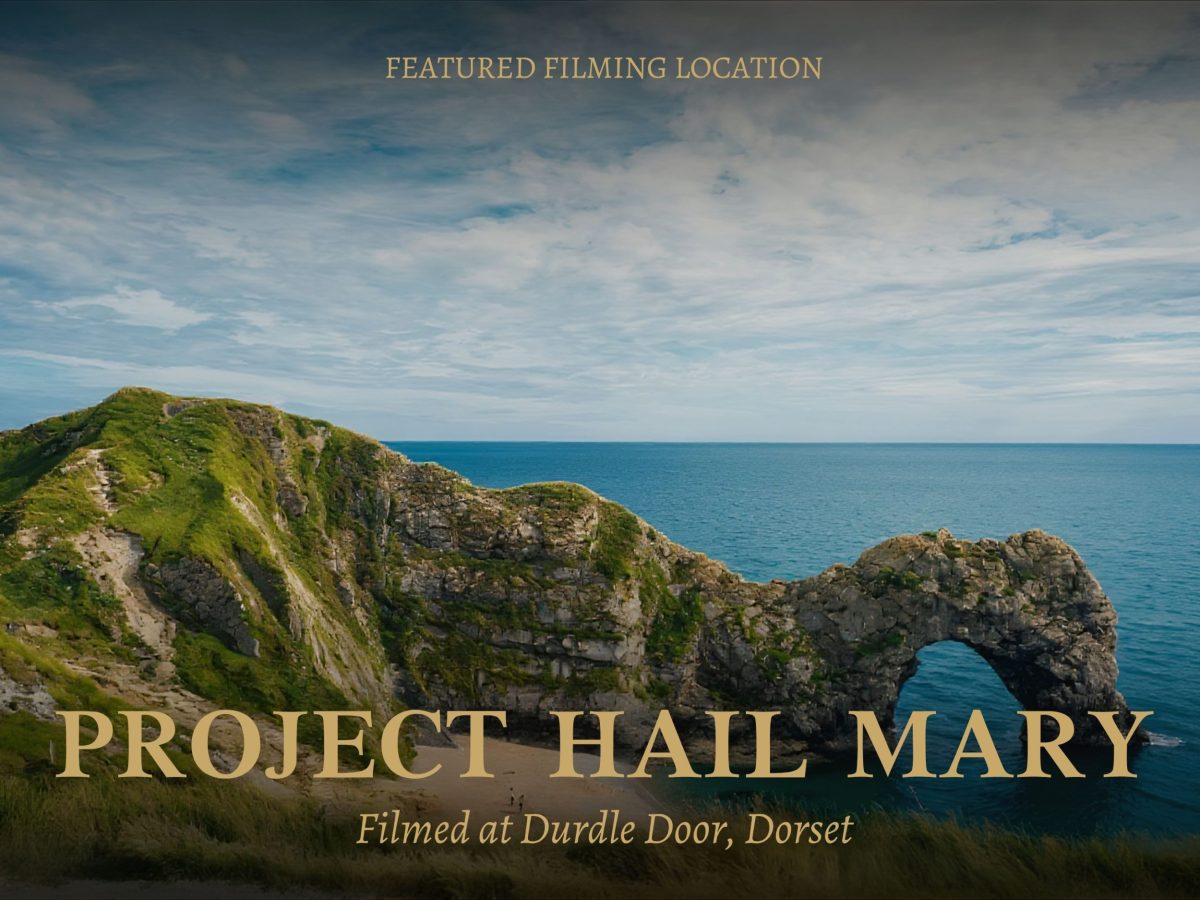 Movie-style poster for Project Hail Mary featuring Durdle Door on Dorset's Jurassic Coast.