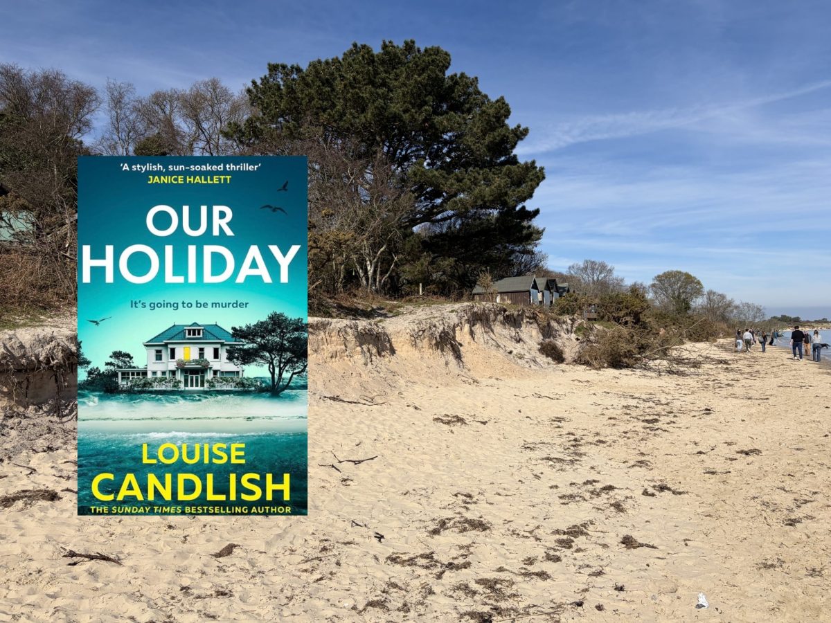 Studland Middle Beach alongside the cover of Louise Candlish's thriller Our Holiday, inspired by Dorset.