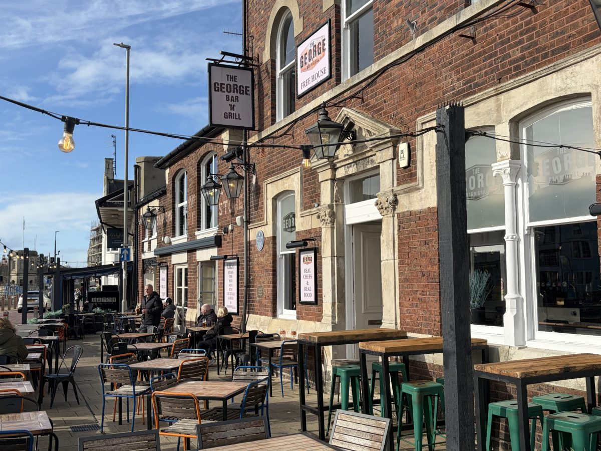 The George Bar & Grill with outdoor seating overlooking Weymouth Harbour in Dorset.