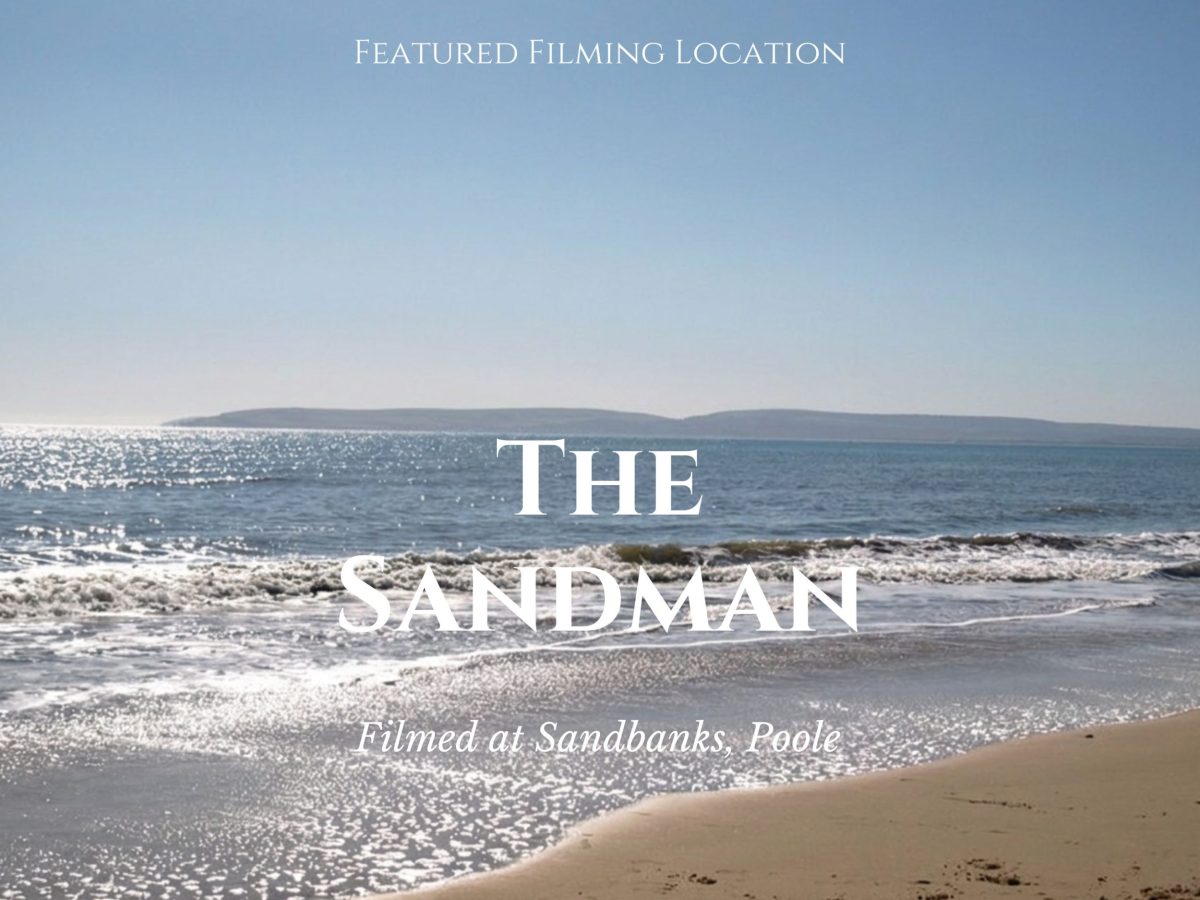 Movie-style poster featuring The Sandman at Sandbanks Beach, Poole.