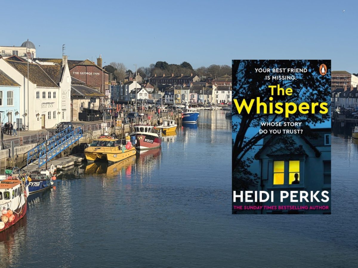 Weymouth Harbour with the cover of Heidi Perks' novel Whispers, set in Dorset.