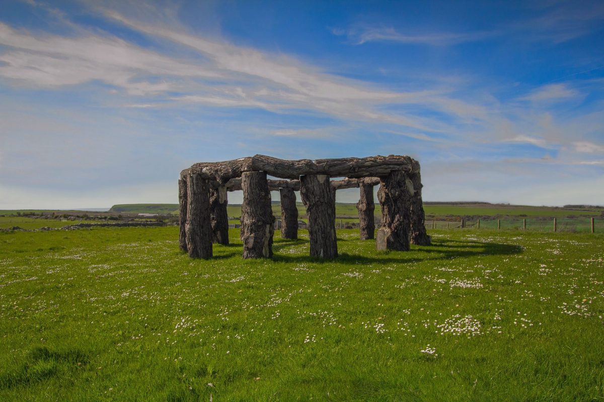 Wooden henge sculpture near Worth Matravers on the Isle of Purbeck in Dorset.