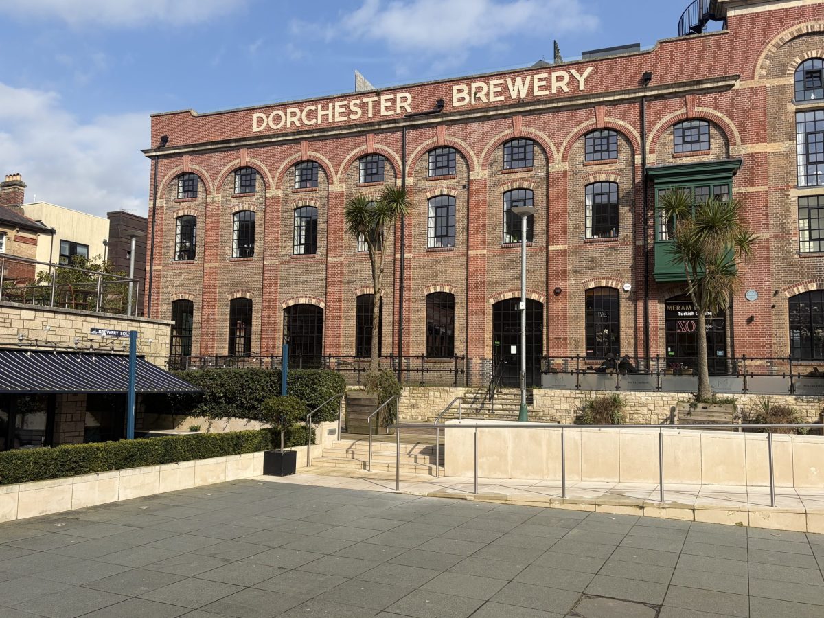 View of Brewery Square in Dorchester with its distinctive red-brick buildings.