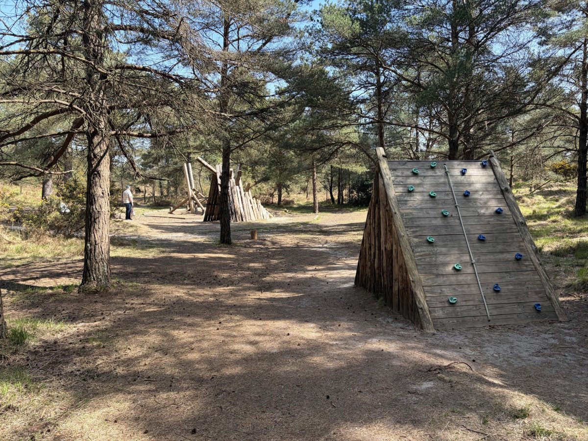 A wooden climbing wall at The Blue Pool in Wareham, children's play area.