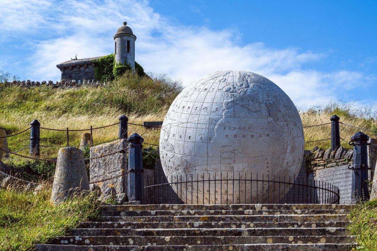The Great Globe in Swanage, with Durlston Castle in the distance.