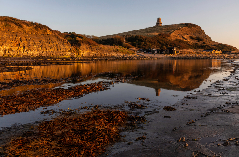 Evening light across the rocks and cliffs at Kimmeridge Bay with Clavell Tower in the distance on the Dorset Jurassic Coast