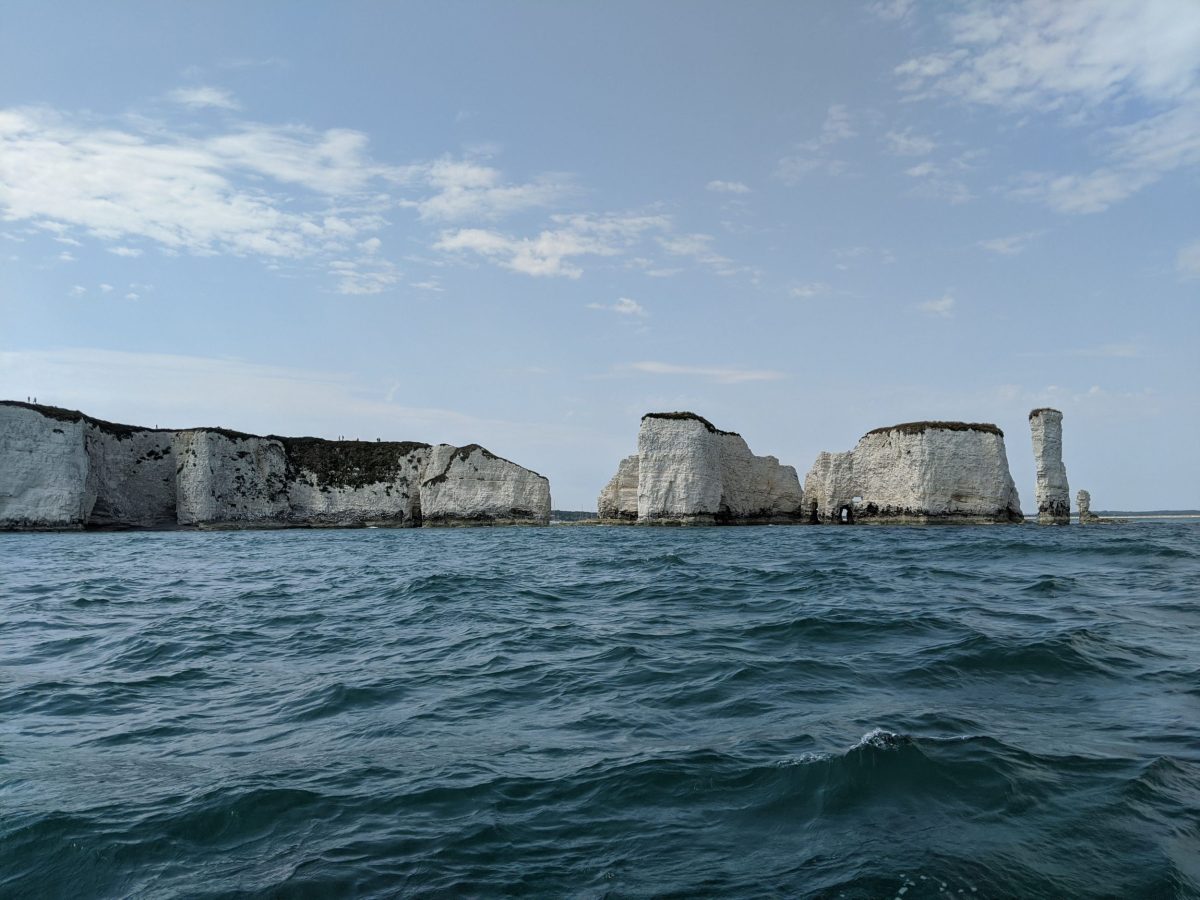 View of Old Harry Rocks from the sea near Studland, Dorset.