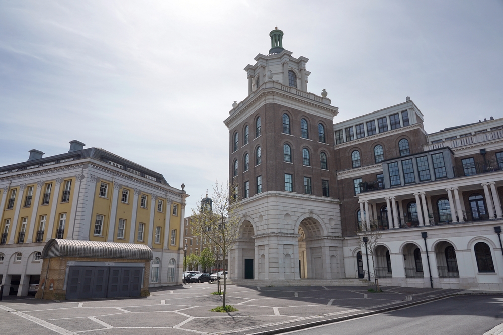 View across Queen Mother Square in Poundbury, Dorchester