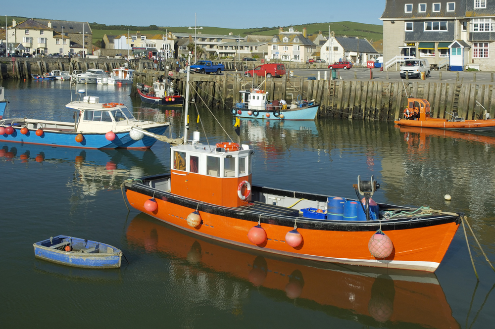 Fishing boats moored in West Bay Harbour with the green Dorset hills beyond.