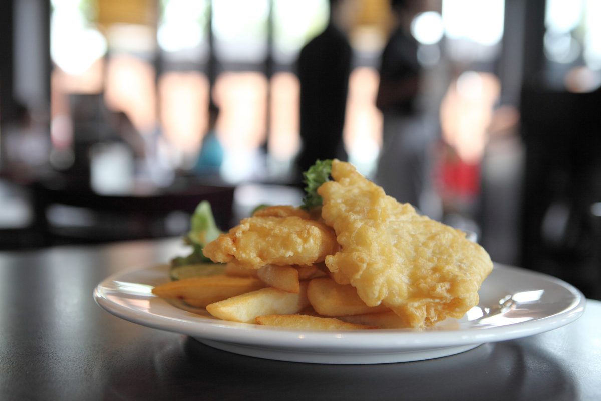 Fish and chips served in a restaurant