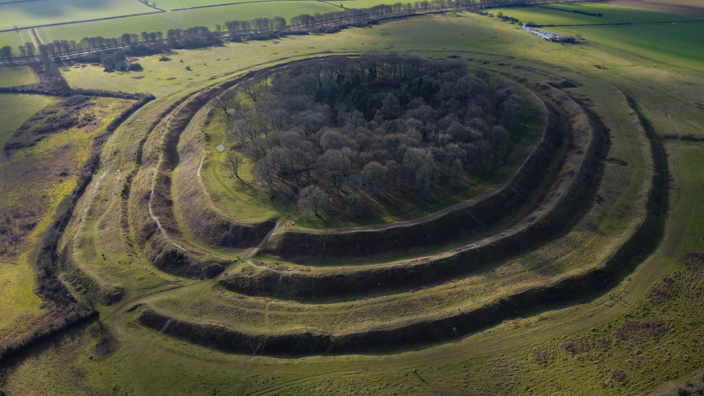 Aerial view of Badbury Rings Iron Age hillfort in Dorset
